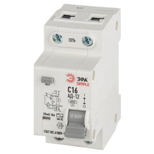 Выключатель автоматический дифференциального тока 1P+N С16 30мА тип АС АВДТ 4.5кА SIMPLE D12E2C16AC30 АД-12 электронное Эра Б0058920